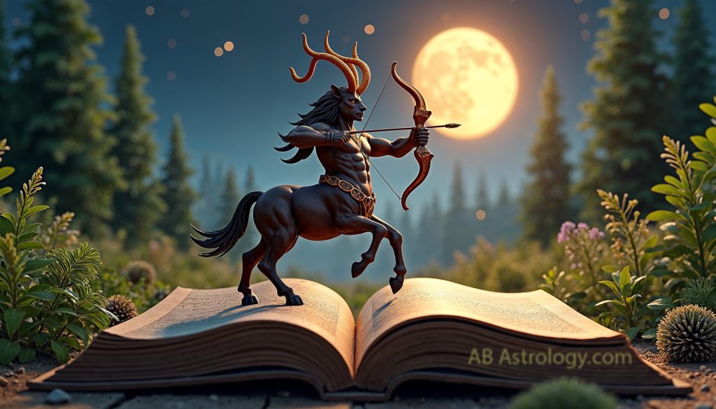 Full Moon in Sagittarius 2026 — centaur archer standing on an open book under a glowing full moon
