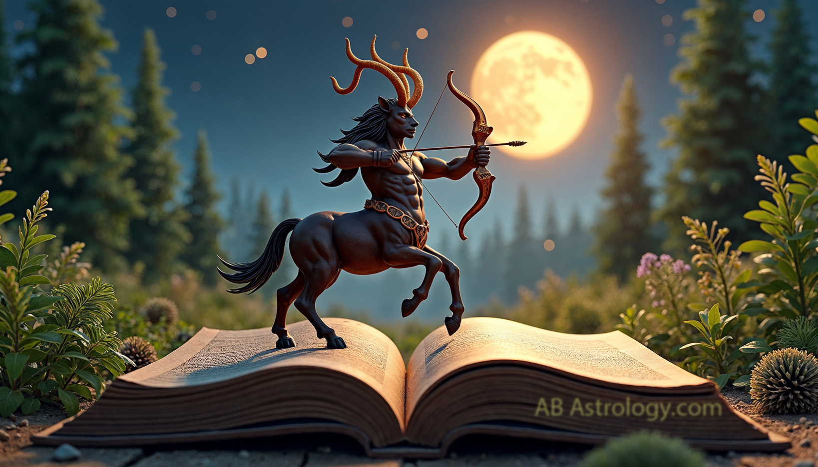 Full Moon in Sagittarius 2026 — centaur archer standing on an open book under a glowing full moon