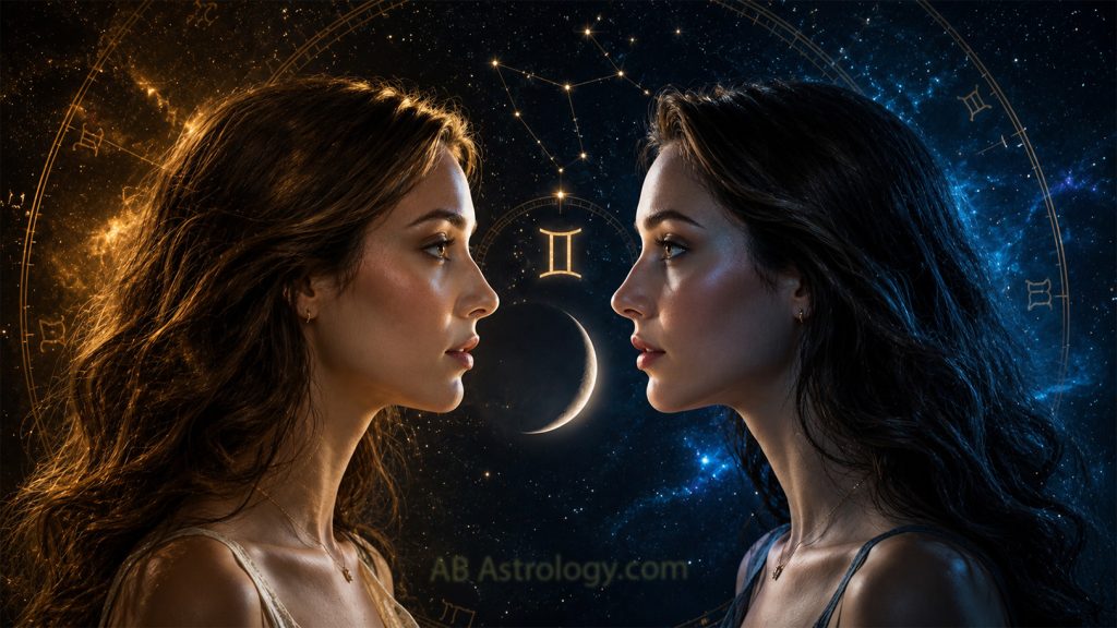 New Moon in Gemini 2026 - two figures in profile with a thin crescent moon between them