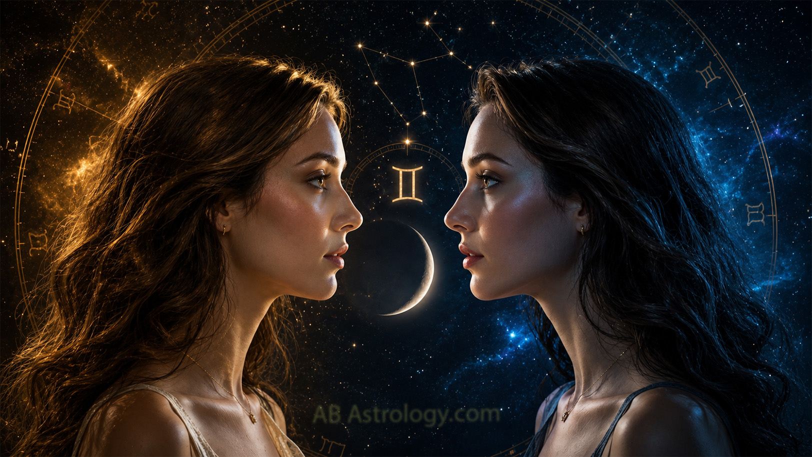 New Moon in Gemini 2026 - two figures in profile with a thin crescent moon between them